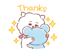 a cartoon drawing of a cat hugging a blue teddy bear with the words thanks written above it