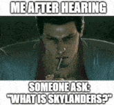 a man smoking a cigarette with a caption that says me after hearing someone ask what is skylanders