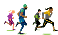 a group of people are running in a line with a white background