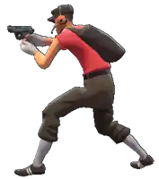 a man in a red shirt holding a gun