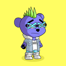 a cartoon bear with a mohawk wearing a rare shirt