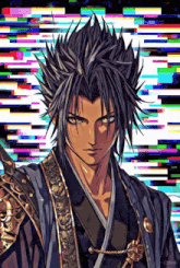 a drawing of a man in a kimono with a glitch background behind him