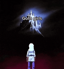 a person standing in front of a castle with the words goth girls above them