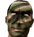 a man with camouflage paint on his face is smiling and looking at the camera .