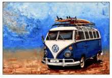 a painting of a vw van with surfboards on top of it