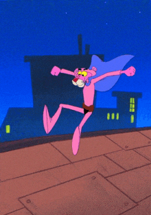 a pink panther is jumping in the air with a cape on