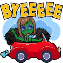 a cartoon of a woman driving a red car with the words byeeeee above her