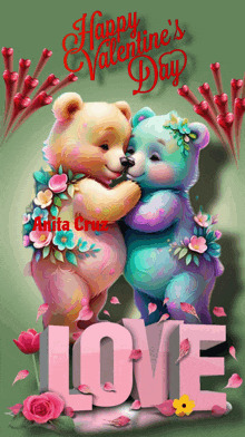 a valentine 's day card with two teddy bears hugging