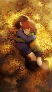 a painting of two people hugging each other in a field of flowers