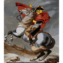 a painting of napoleon riding a horse with a smiley face on his face