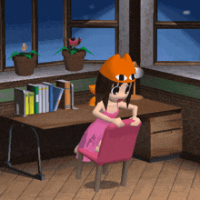 a girl in an orange hat sits at a desk with books on it