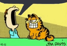 a cartoon of garfield talking to a man with a speech bubble