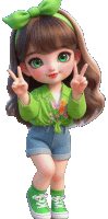 a doll wearing a green jacket and shorts gives a peace sign