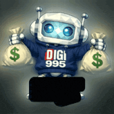 a robot wearing a digi 995 sweatshirt is holding money bags