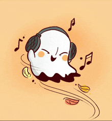 an illustration of a ghost wearing headphones and music notes