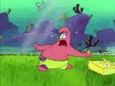a cartoon of patrick star from spongebob squarepants holding a sponge