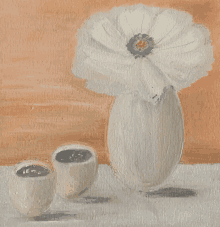 a painting of a flower in a vase with two cups