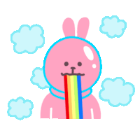 a pink bunny with a rainbow in its mouth