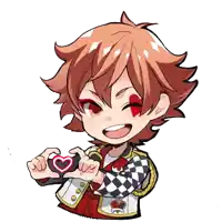 a chibi drawing of ace of hearts from disney twisted wonderland holding a heart in his hands .