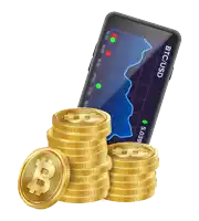 a stack of gold coins next to a phone that says btc/usd