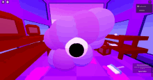 a screenshot of a video game shows a purple cloud with a black eye