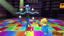 two cartoon characters are dancing on a colorful dance floor and the words fivetenny are on the bottom right