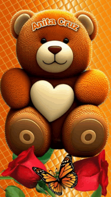 a teddy bear with a heart and the name anita cruz on it