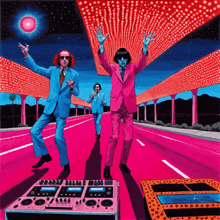 a painting of three men in pink suits dancing on a pink road