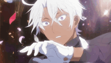 a white haired anime character with purple eyes