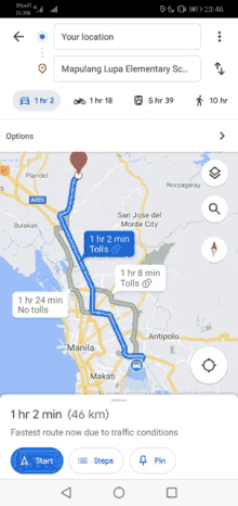 a google maps app shows a route to mapulang lupa elementary sc