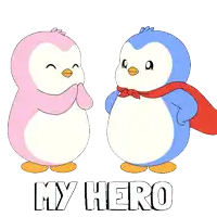 a pink penguin and a blue penguin are standing next to each other with the words my hero above them