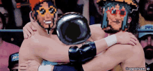 a pixel art of two wrestlers hugging each other with the words ageofsam.io at the bottom