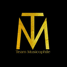 a logo for team musicophile with a gold letter m on a black background