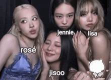 a group of four women posing for a picture with the names jennie lisa and jisoo on the bottom