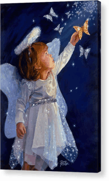 a painting of a little girl dressed as an angel holding a butterfly