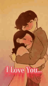 a man and a woman are hugging each other with the words `` i love you '' written on the bottom .