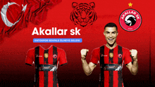 a man in a red and black striped shirt with the word akallar sk on it