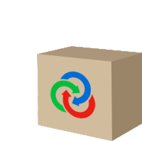 a cardboard box with a green blue and red arrows on it