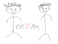 a drawing of two stick figures with the words " rai kin " written in red