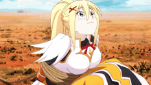a blonde anime girl is tied up in a desert