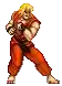 a pixel art of a man in orange pants standing in a karate pose .