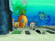 spongebob and patrick are standing in front of a pineapple house