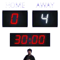 a scoreboard shows that the home team is leading the away team 4 to 4