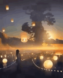 a woman is standing in front of a tree surrounded by lanterns in the sky .