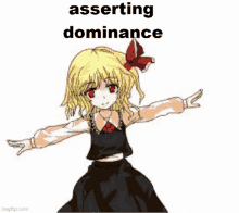 a girl with blonde hair and red eyes is standing with her arms outstretched and a red bow on her head .