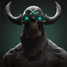 a skull with horns and blue eyes has a cross on its head