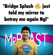 a man wearing a mrbeast shirt stands in front of a mrbeast logo