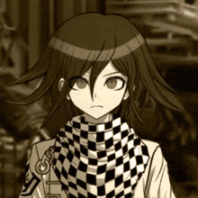 a black and white drawing of a boy wearing a checkered scarf .