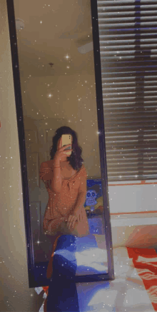 a woman is taking a selfie in front of a mirror in a bedroom