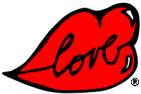 a drawing of a red lip with the word love written on it